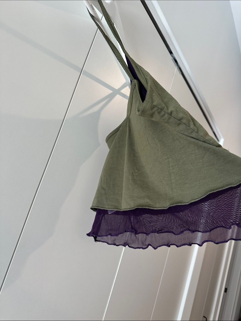 Olive Green Floral Appliqué Cami Top with Purple Mesh Hem - Picture 3 of 4